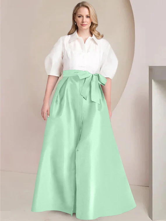 A Line Princess Shirt Collar Short Sleeves Floor Length Plus Size Mother Of The Bride Dresses With Bowknot