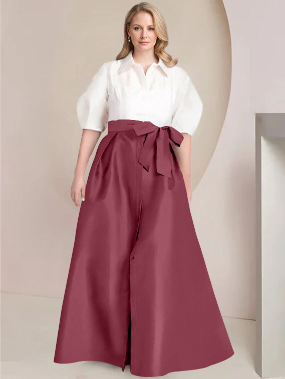 A Line Princess Shirt Collar Short Sleeves Floor Length Plus Size Mother Of The Bride Dresses With Bowknot
