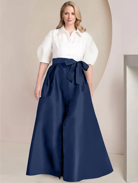 A Line Princess Shirt Collar Short Sleeves Floor Length Plus Size Mother Of The Bride Dresses With Bowknot