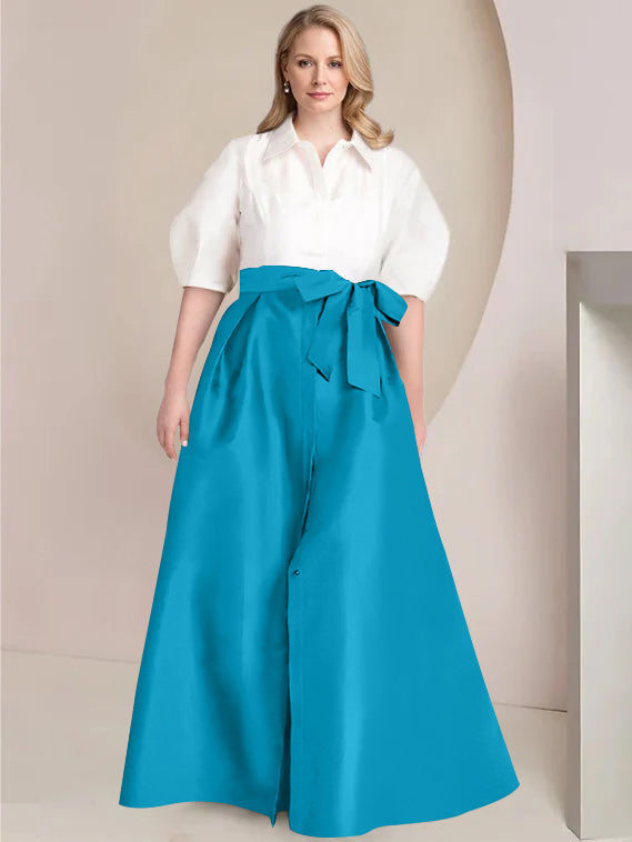 A Line Princess Shirt Collar Short Sleeves Floor Length Plus Size Mother Of The Bride Dresses With Bowknot