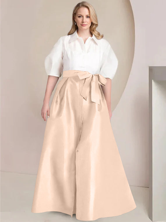 A Line Princess Shirt Collar Short Sleeves Floor Length Plus Size Mother Of The Bride Dresses With Bowknot
