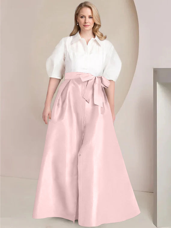 A Line Princess Shirt Collar Short Sleeves Floor Length Plus Size Mother Of The Bride Dresses With Bowknot