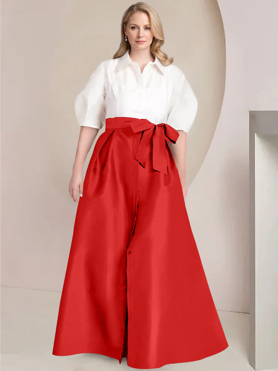 A Line Princess Shirt Collar Short Sleeves Floor Length Plus Size Mother Of The Bride Dresses With Bowknot