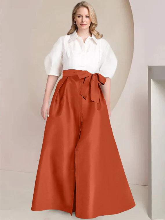 A Line Princess Shirt Collar Short Sleeves Floor Length Plus Size Mother Of The Bride Dresses With Bowknot