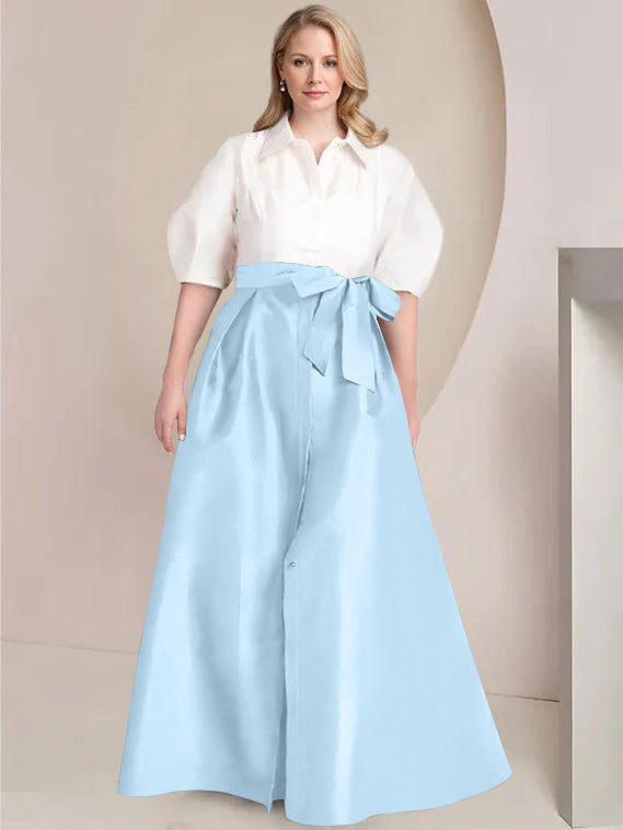 A Line Princess Shirt Collar Short Sleeves Floor Length Plus Size Mother Of The Bride Dresses With Bowknot