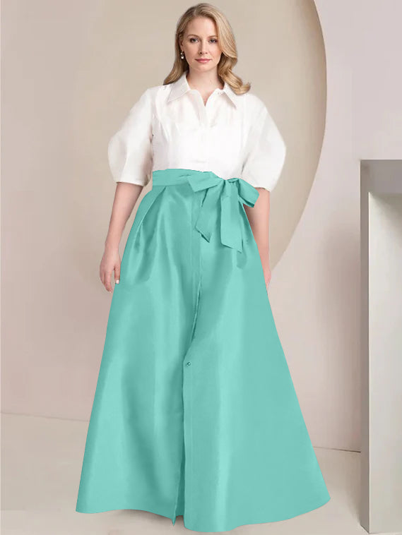 A Line Princess Shirt Collar Short Sleeves Floor Length Plus Size Mother Of The Bride Dresses With Bowknot
