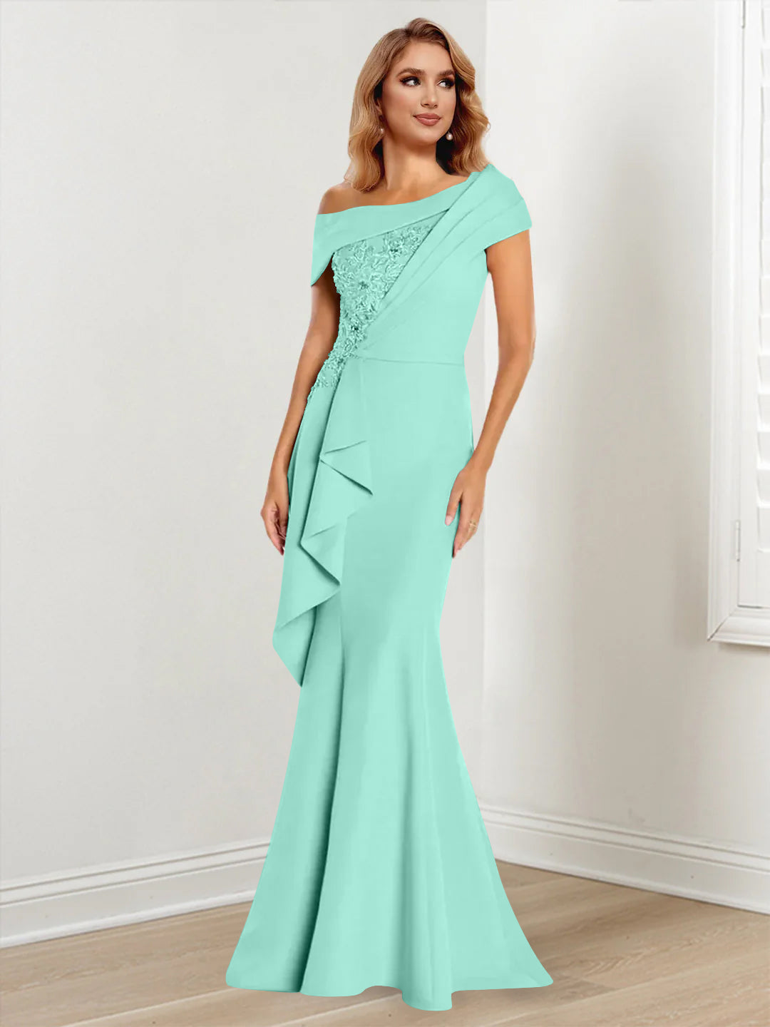 Trumpet Mermaid One Shoulder Long Sleeves Mother Of The Bride Dresses With Lace