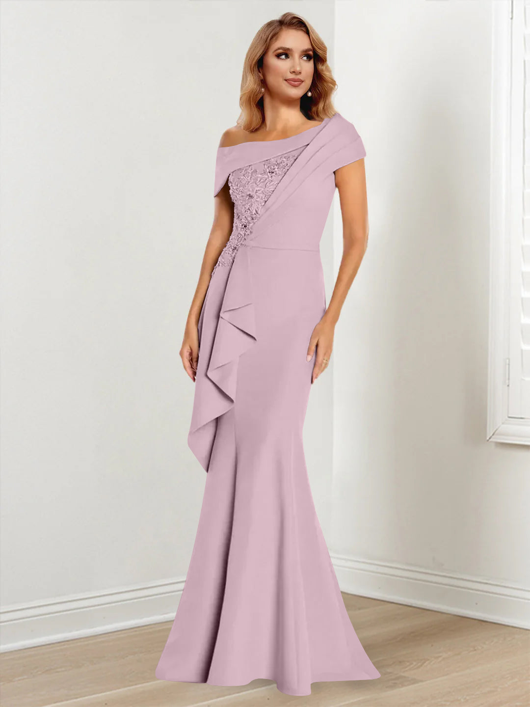 Trumpet Mermaid One Shoulder Long Sleeves Mother Of The Bride Dresses With Lace