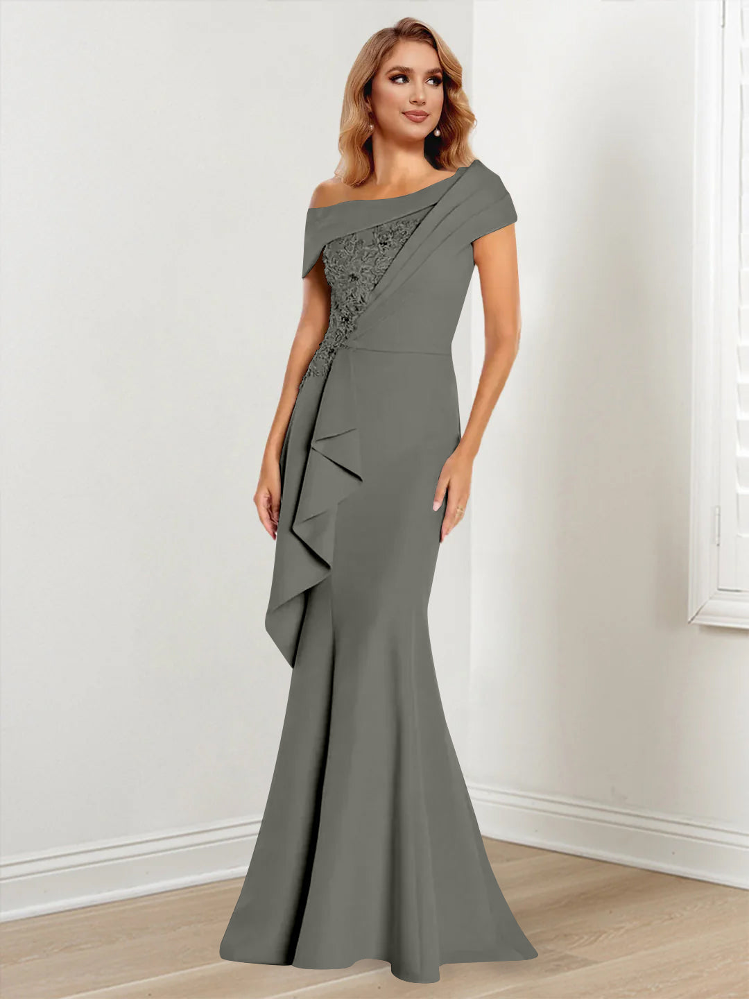 Trumpet Mermaid One Shoulder Long Sleeves Mother Of The Bride Dresses With Lace