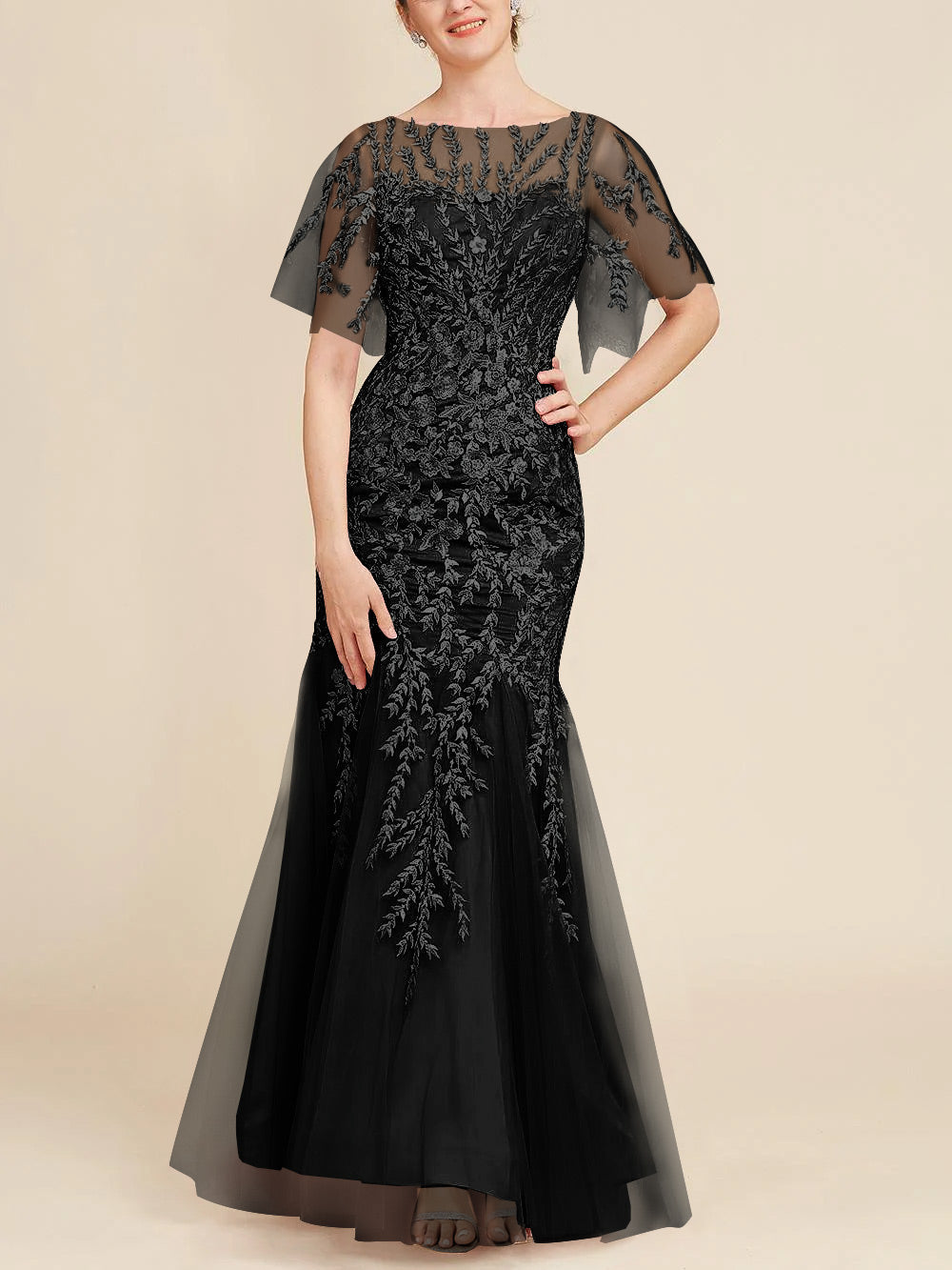 Trumpet Mermaid Scoop Half Sleeves Floor Length Mother Of The Bride Dresses With Lace
