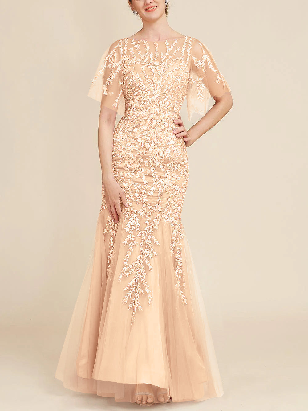 Trumpet Mermaid Scoop Half Sleeves Floor Length Mother Of The Bride Dresses With Lace