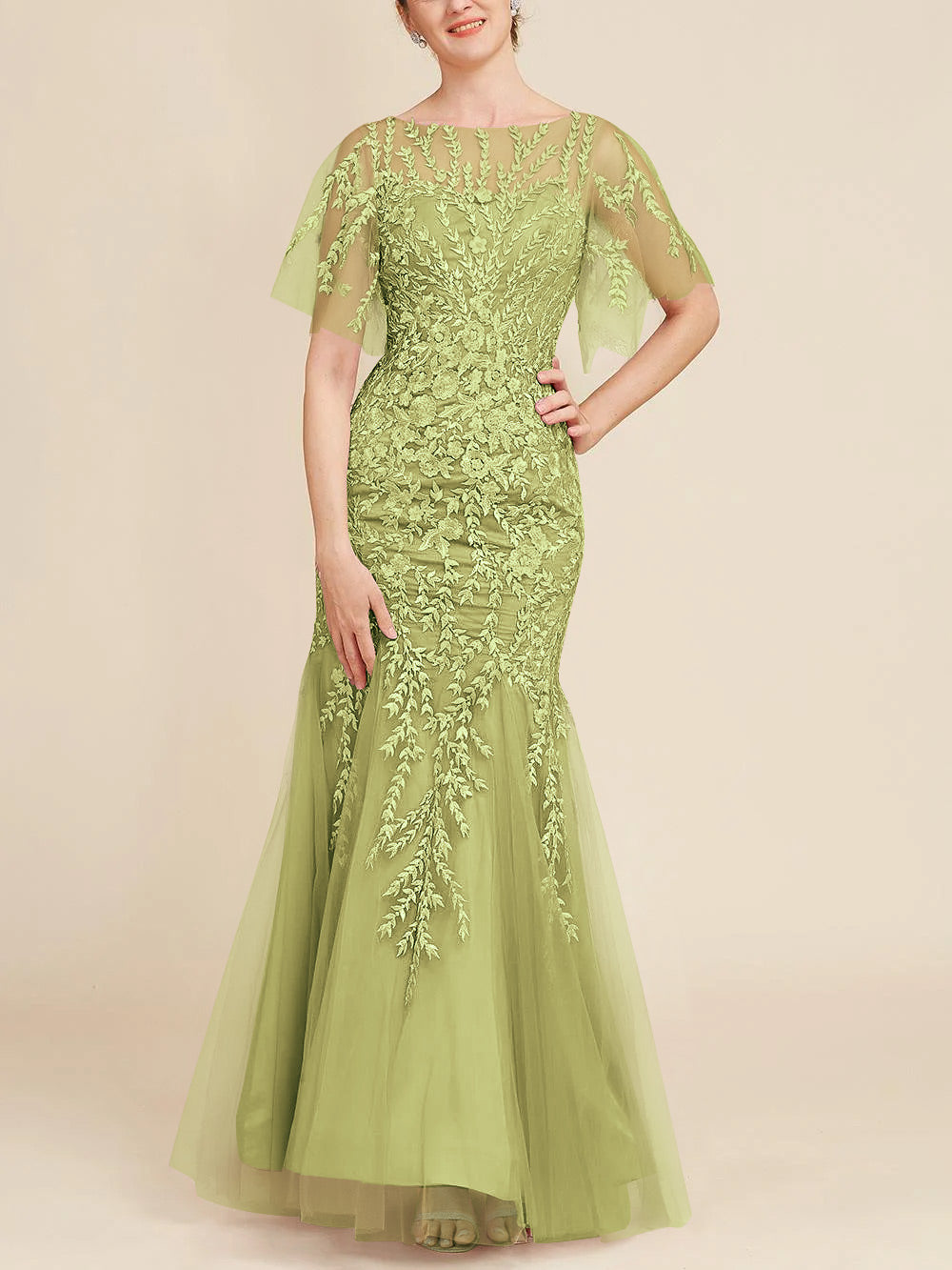 Trumpet Mermaid Scoop Half Sleeves Floor Length Mother Of The Bride Dresses With Lace