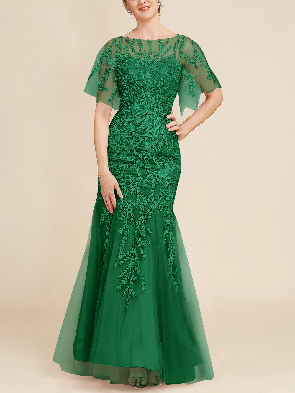 Trumpet Mermaid Scoop Half Sleeves Floor Length Mother Of The Bride Dresses With Lace