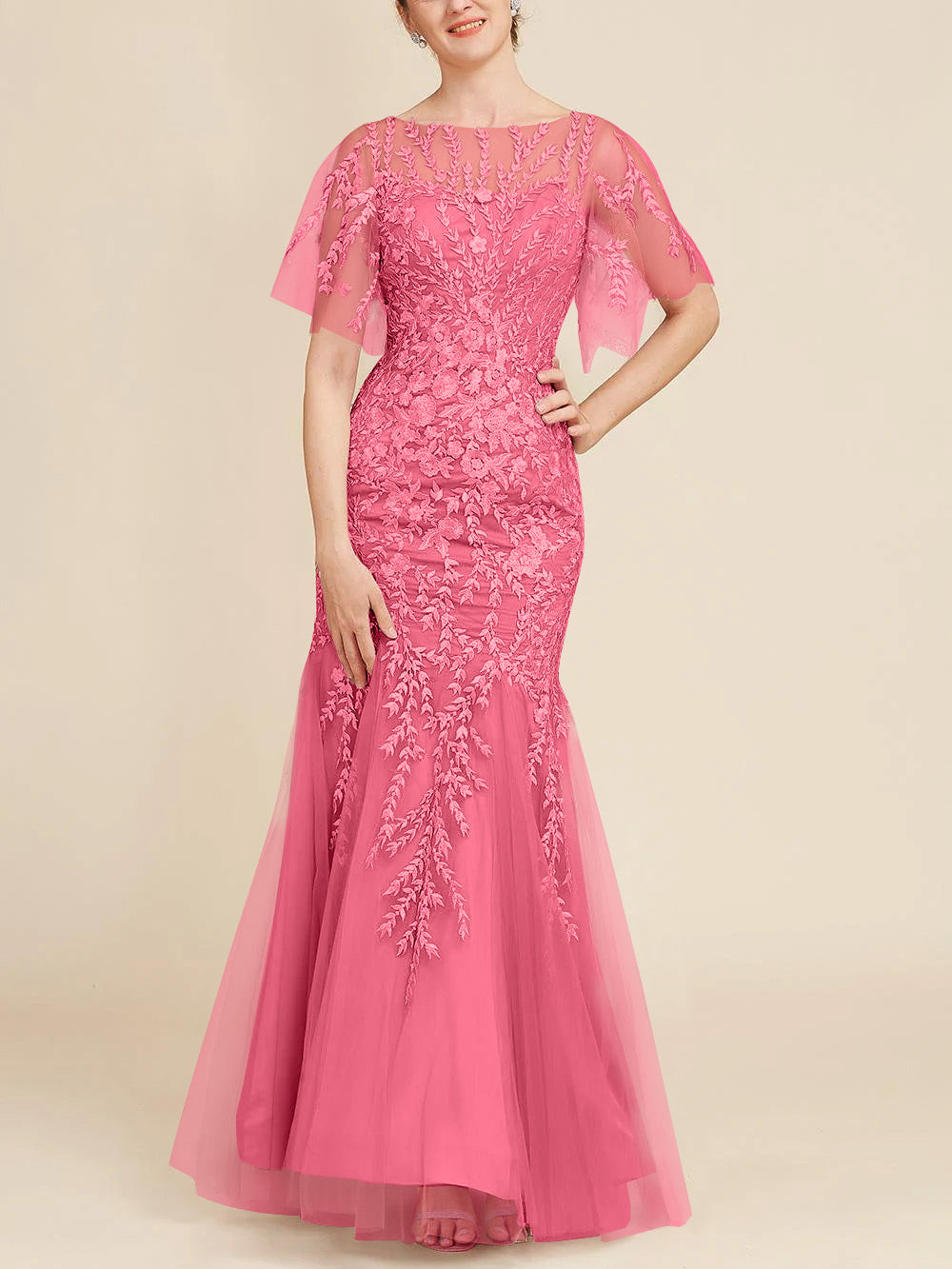 Trumpet Mermaid Scoop Half Sleeves Floor Length Mother Of The Bride Dresses With Lace