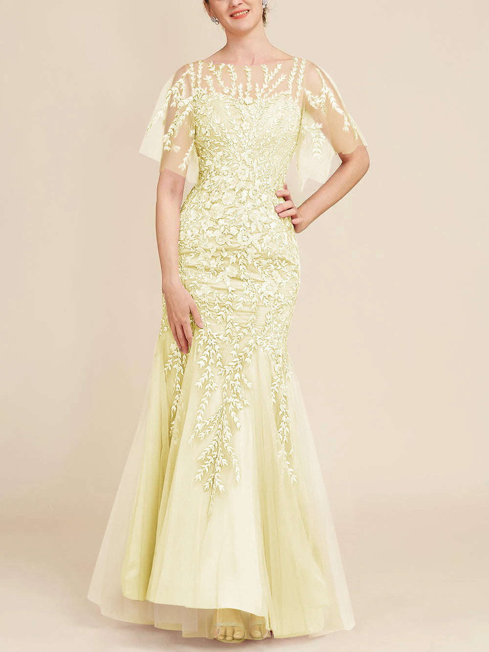Trumpet Mermaid Scoop Half Sleeves Floor Length Mother Of The Bride Dresses With Lace