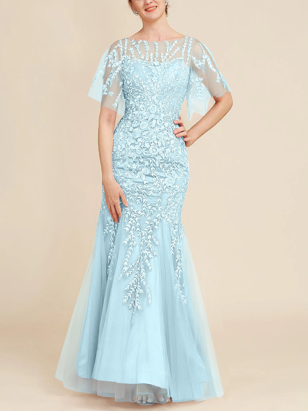Trumpet Mermaid Scoop Half Sleeves Floor Length Mother Of The Bride Dresses With Lace