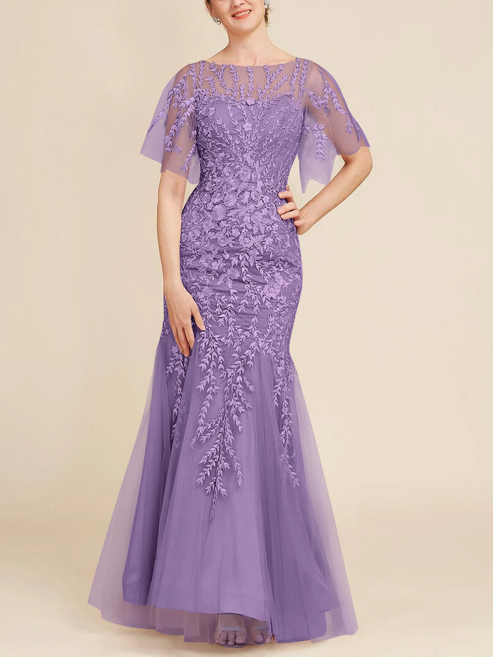 Trumpet Mermaid Scoop Half Sleeves Floor Length Mother Of The Bride Dresses With Lace