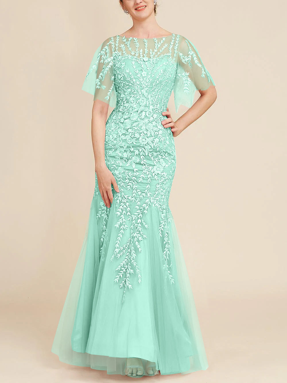Trumpet Mermaid Scoop Half Sleeves Floor Length Mother Of The Bride Dresses With Lace