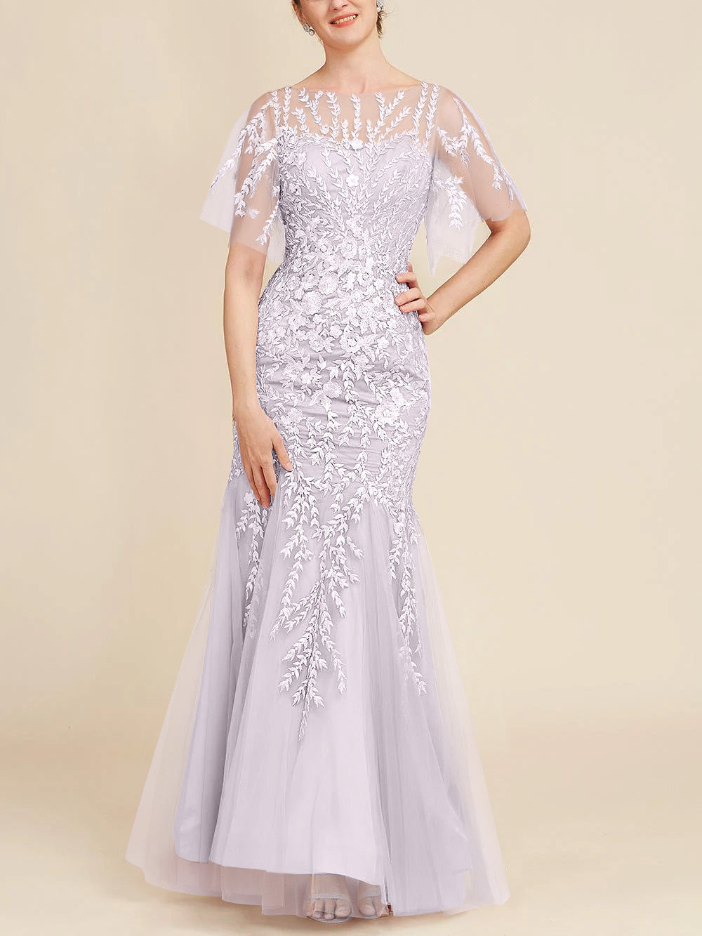 Trumpet Mermaid Scoop Half Sleeves Floor Length Mother Of The Bride Dresses With Lace