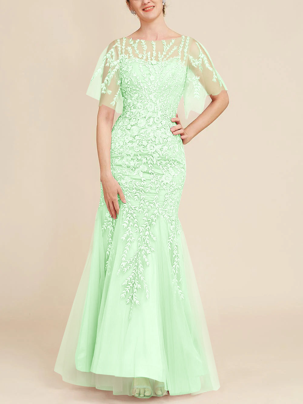 Trumpet Mermaid Scoop Half Sleeves Floor Length Mother Of The Bride Dresses With Lace