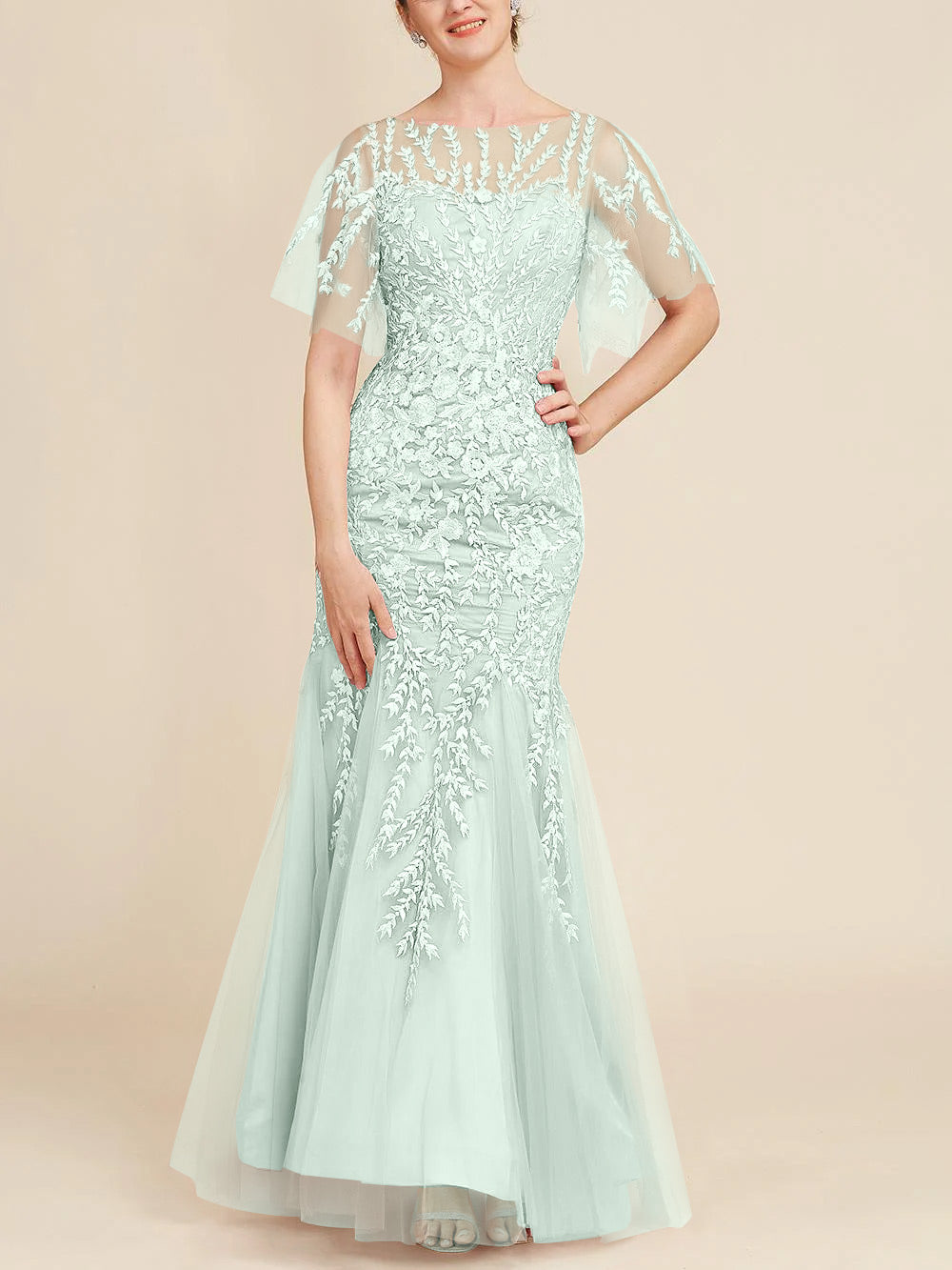 Trumpet Mermaid Scoop Half Sleeves Floor Length Mother Of The Bride Dresses With Lace