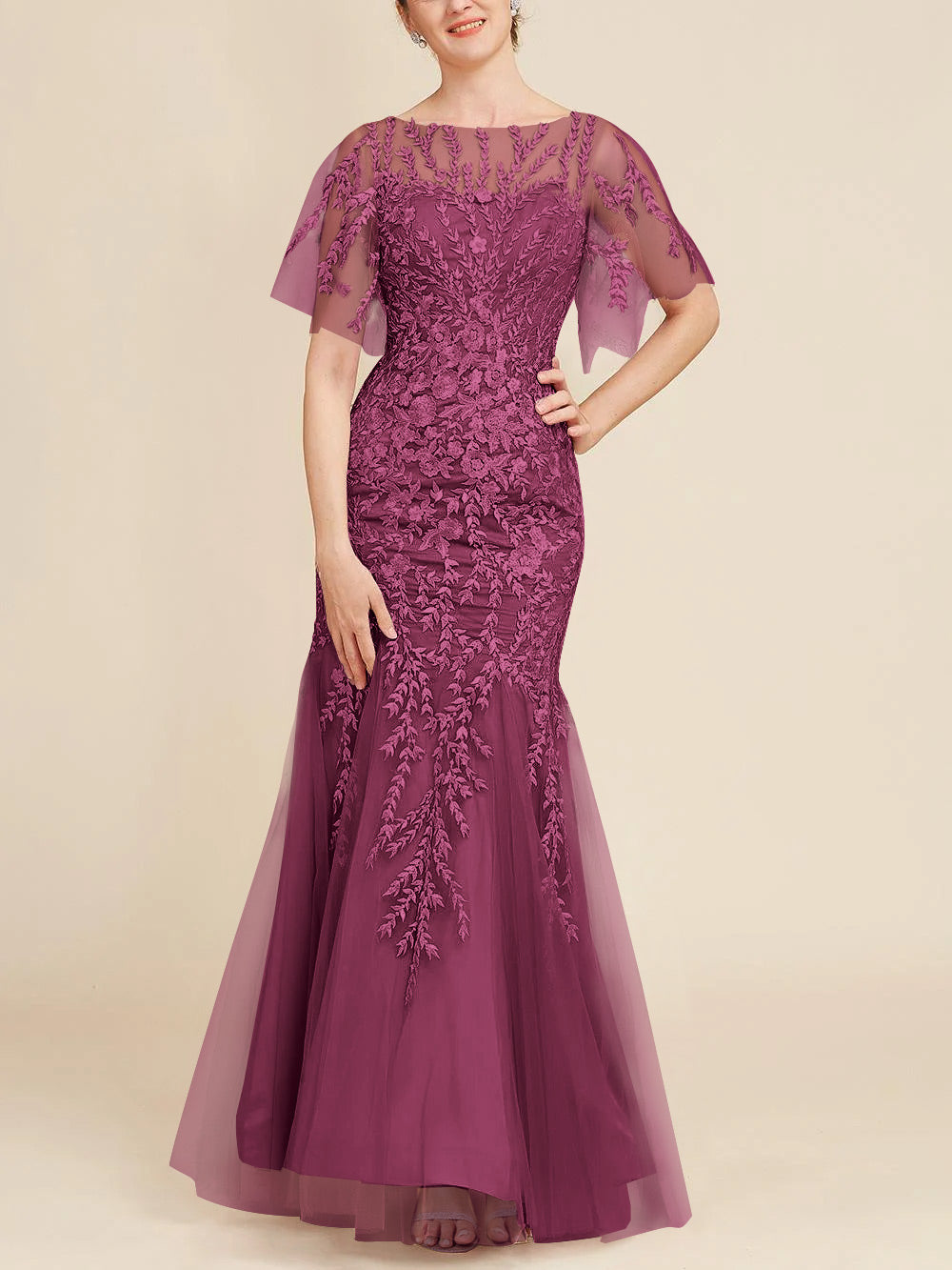 Trumpet Mermaid Scoop Half Sleeves Floor Length Mother Of The Bride Dresses With Lace