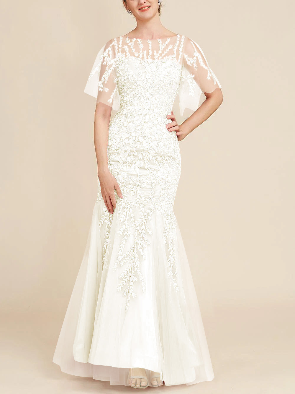 Trumpet Mermaid Scoop Half Sleeves Floor Length Mother Of The Bride Dresses With Lace