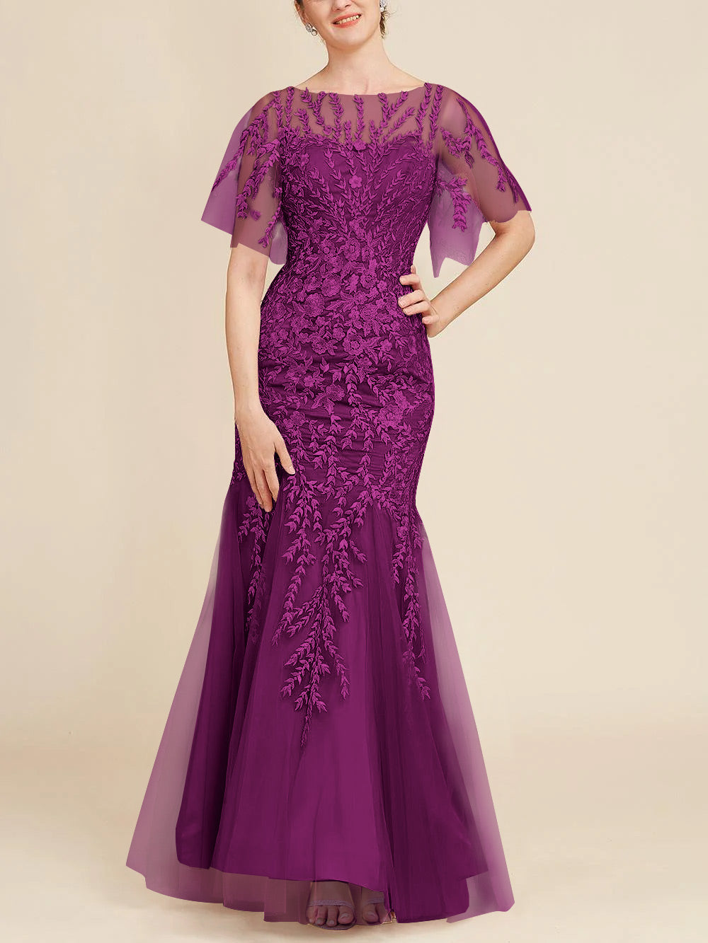 Trumpet Mermaid Scoop Half Sleeves Floor Length Mother Of The Bride Dresses With Lace