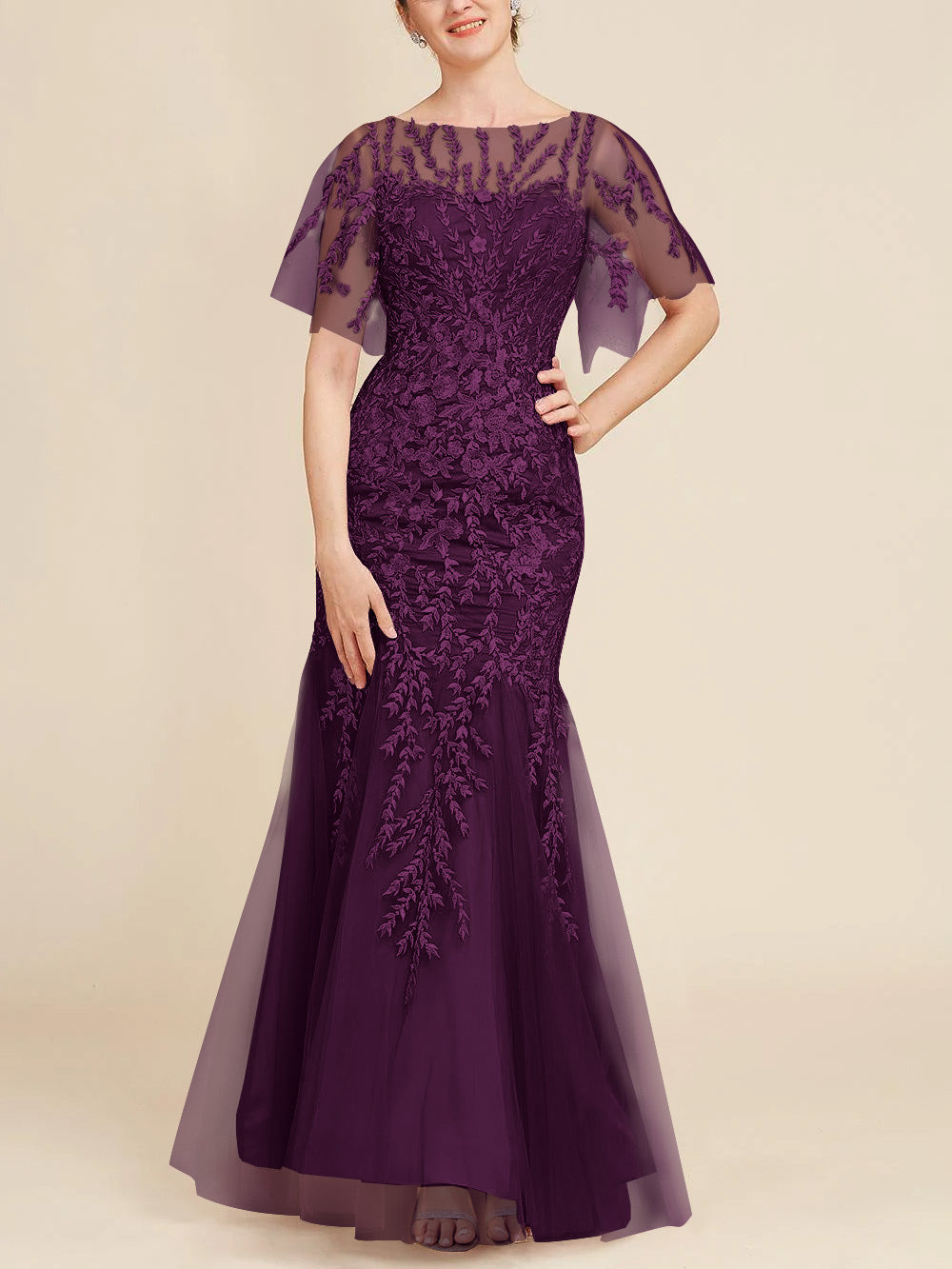 Trumpet Mermaid Scoop Half Sleeves Floor Length Mother Of The Bride Dresses With Lace