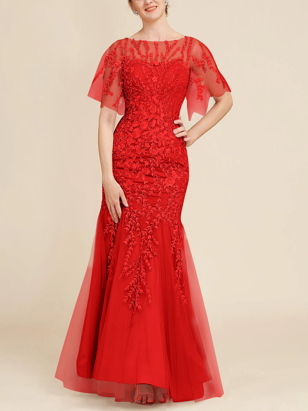 Trumpet Mermaid Scoop Half Sleeves Floor Length Mother Of The Bride Dresses With Lace