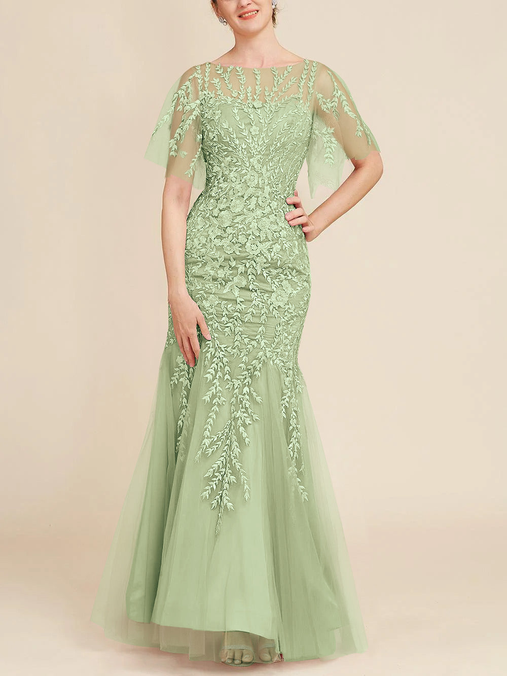 Trumpet Mermaid Scoop Half Sleeves Floor Length Mother Of The Bride Dresses With Lace