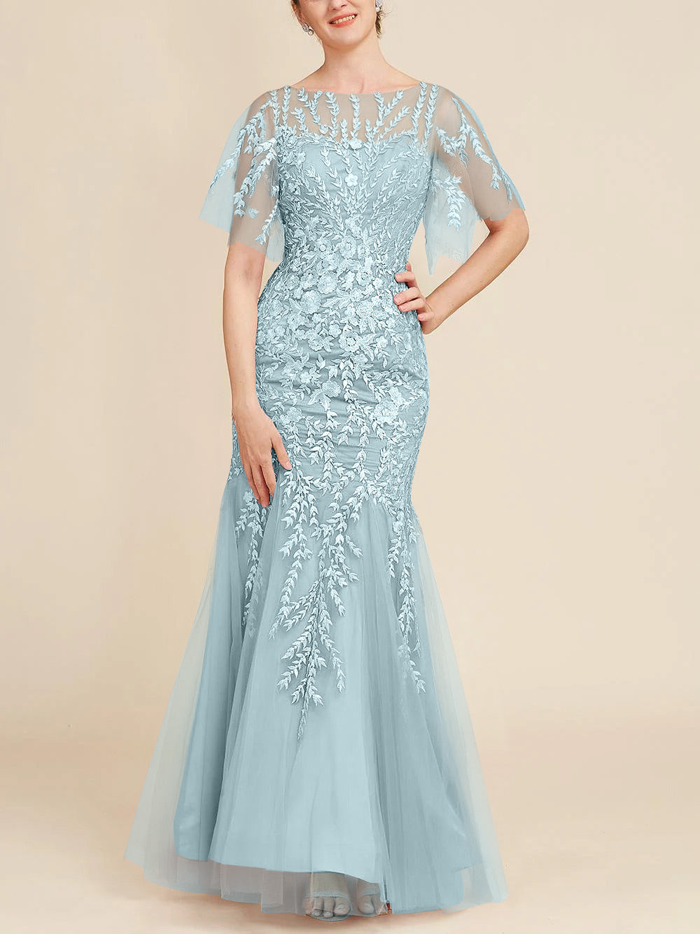 Trumpet Mermaid Scoop Half Sleeves Floor Length Mother Of The Bride Dresses With Lace