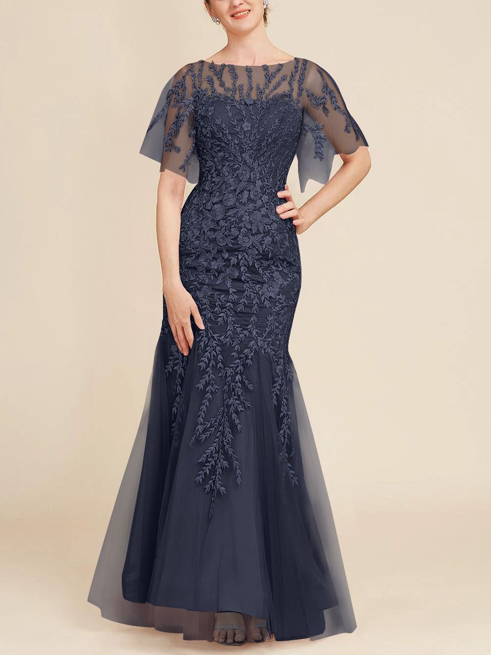 Trumpet Mermaid Scoop Half Sleeves Floor Length Mother Of The Bride Dresses With Lace
