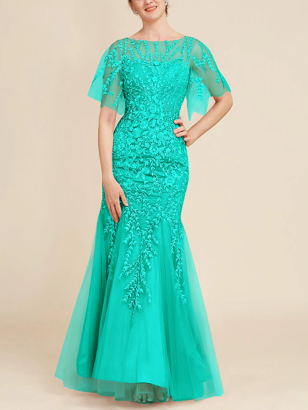 Trumpet Mermaid Scoop Half Sleeves Floor Length Mother Of The Bride Dresses With Lace