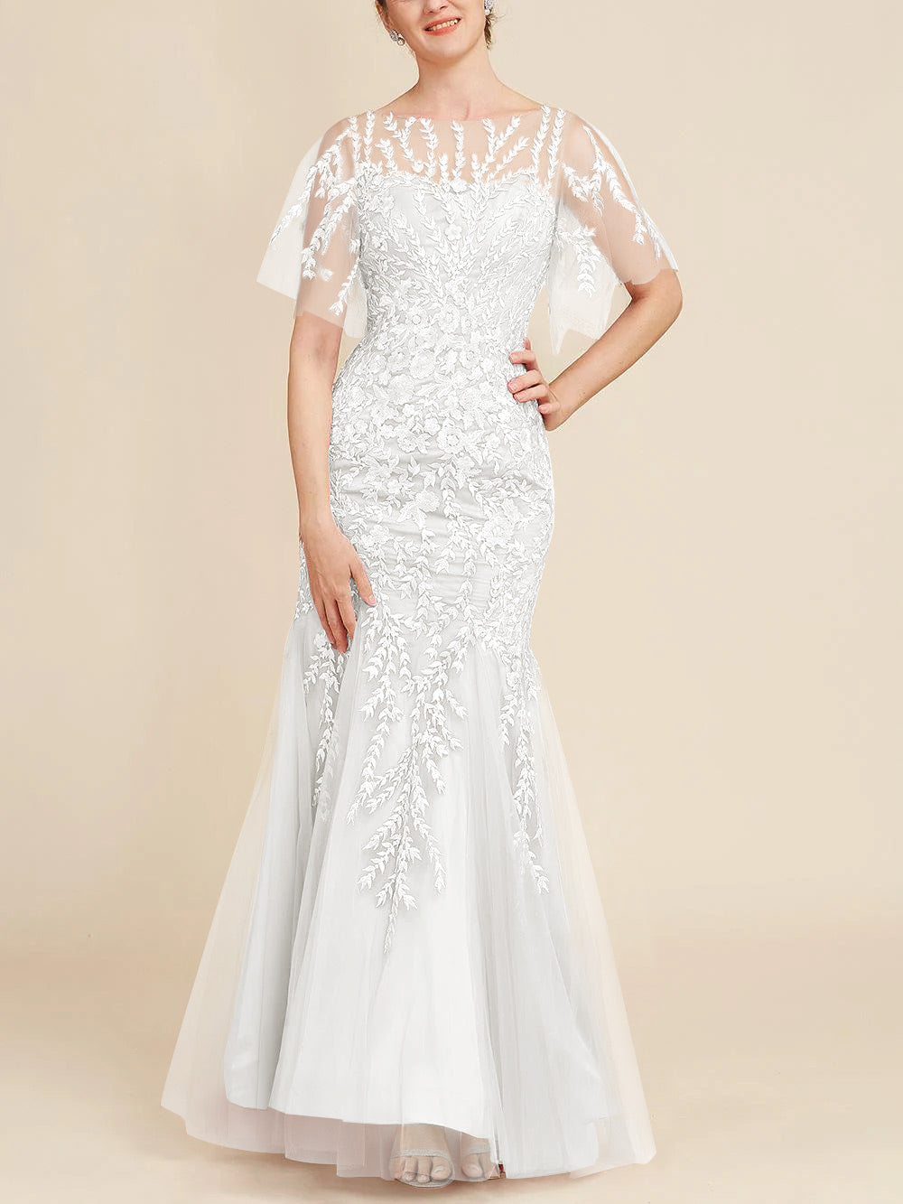 Trumpet Mermaid Scoop Half Sleeves Floor Length Mother Of The Bride Dresses With Lace