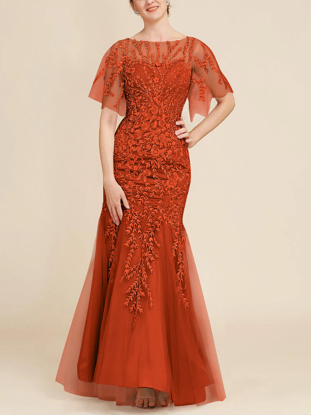 Trumpet Mermaid Scoop Half Sleeves Floor Length Mother Of The Bride Dresses With Lace