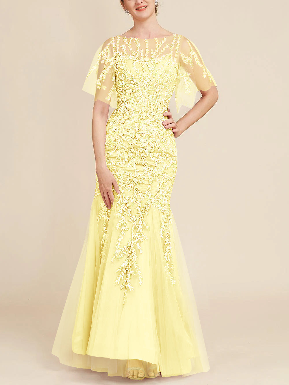 Trumpet Mermaid Scoop Half Sleeves Floor Length Mother Of The Bride Dresses With Lace