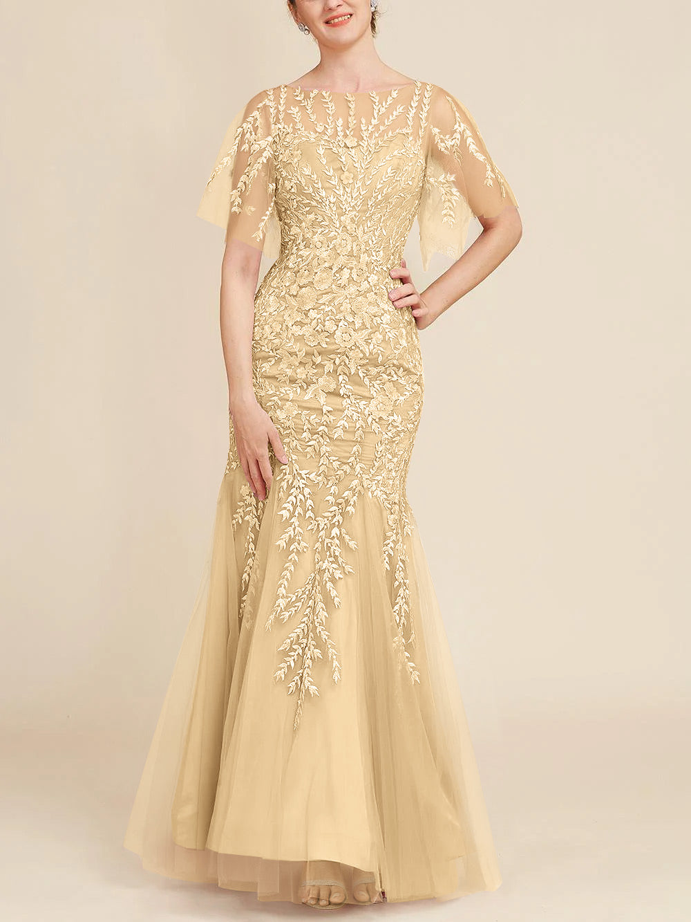 Trumpet Mermaid Scoop Half Sleeves Floor Length Mother Of The Bride Dresses With Lace