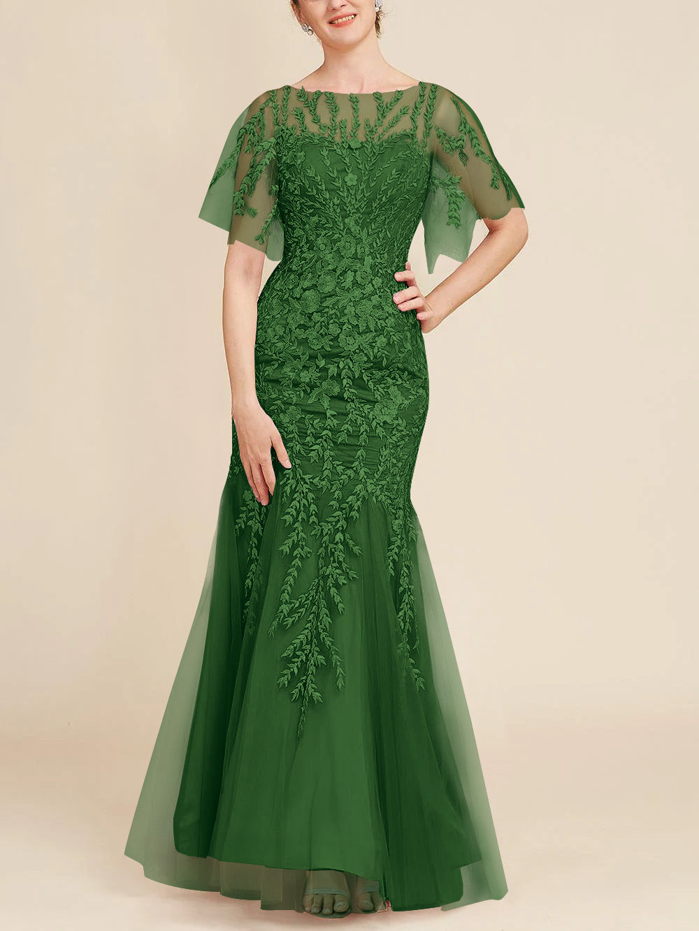 Trumpet Mermaid Scoop Half Sleeves Floor Length Mother Of The Bride Dresses With Lace