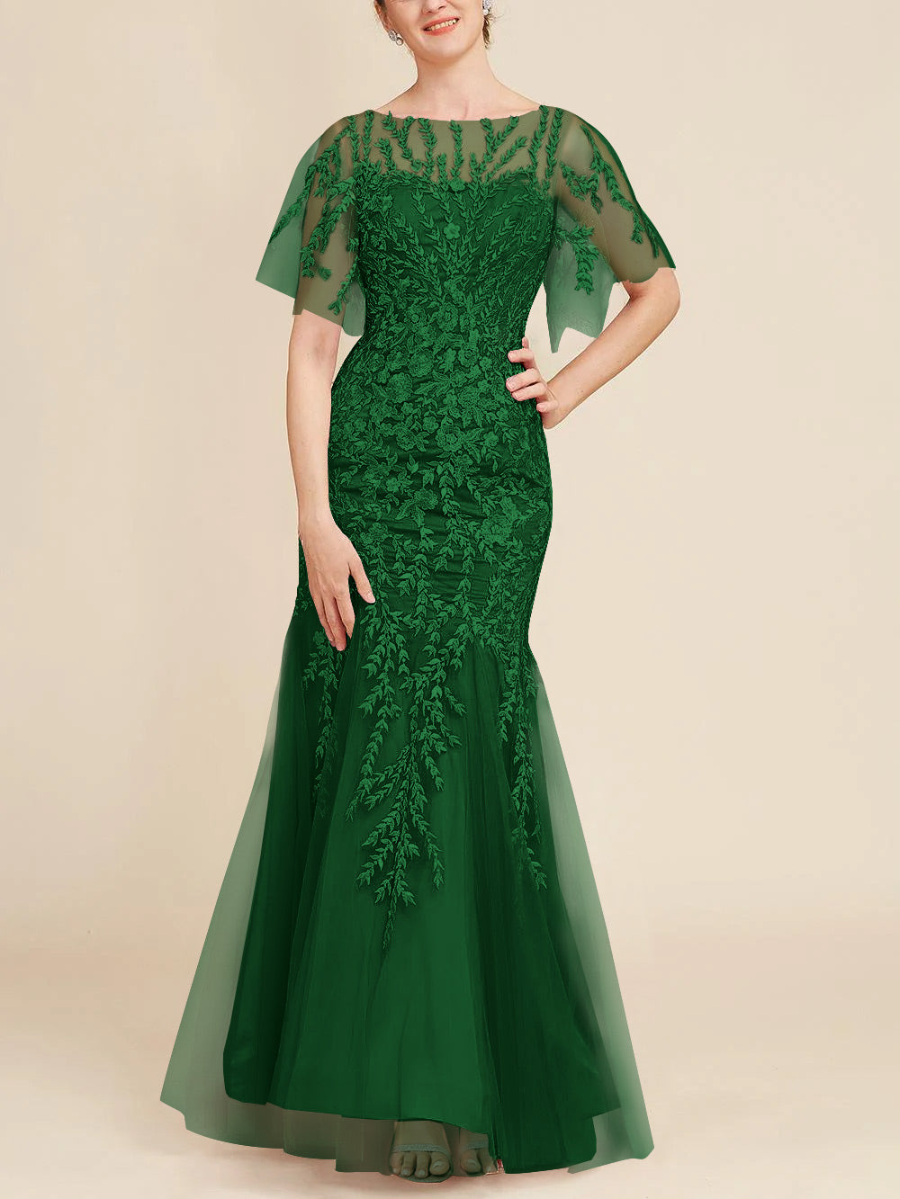 Trumpet Mermaid Scoop Half Sleeves Floor Length Mother Of The Bride Dresses With Lace