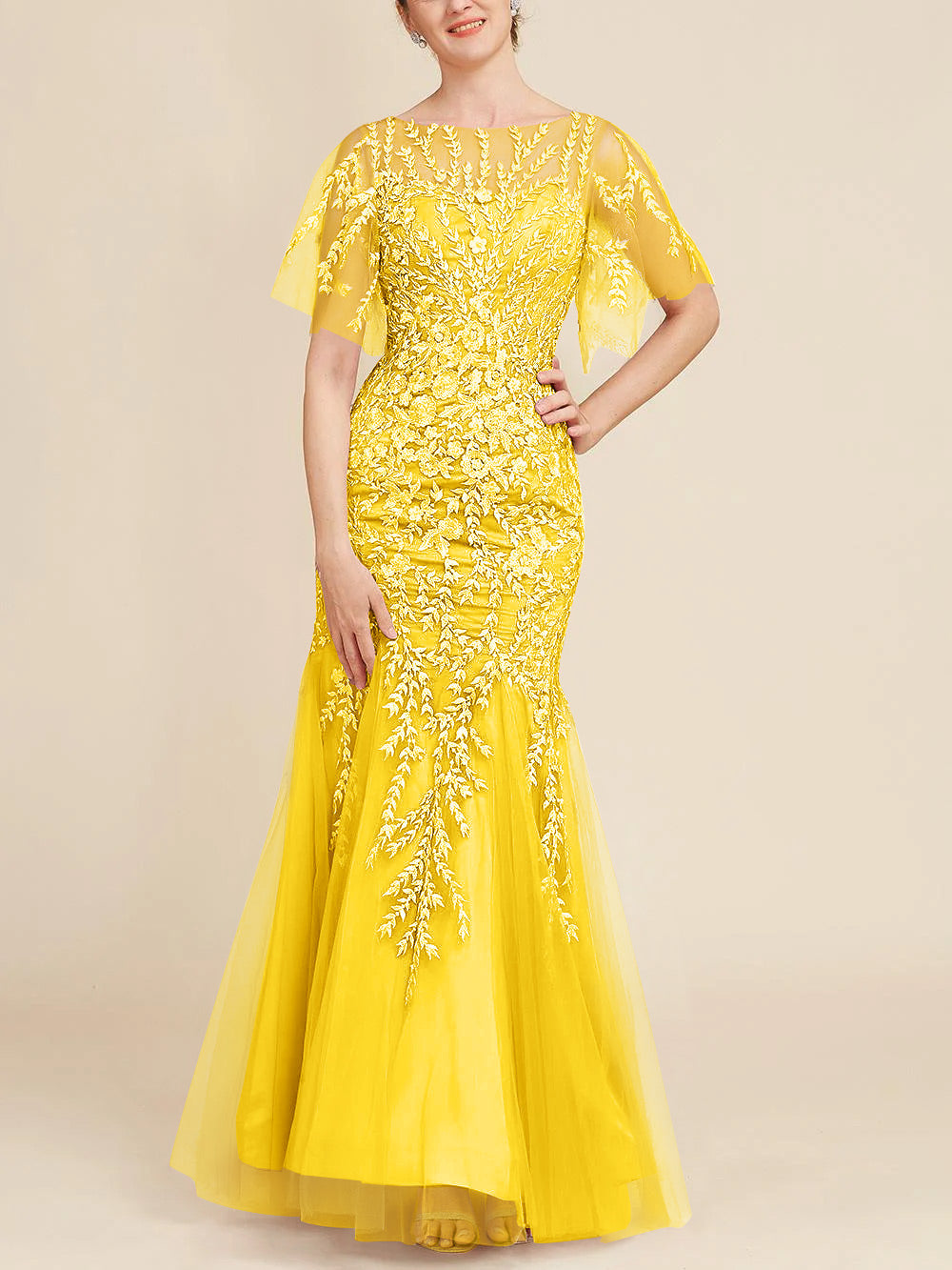 Trumpet Mermaid Scoop Half Sleeves Floor Length Mother Of The Bride Dresses With Lace