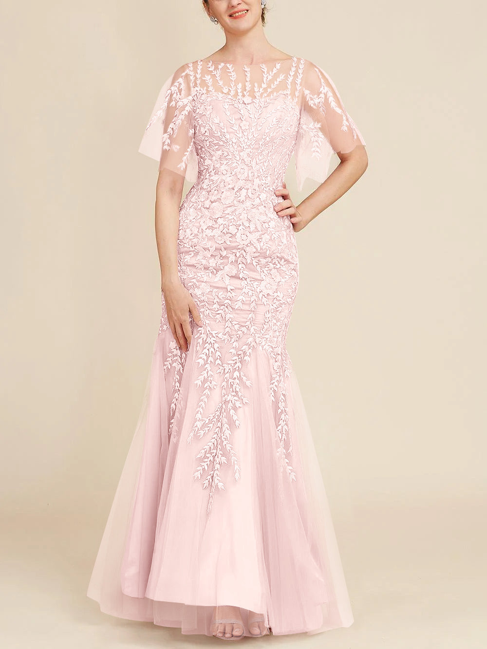 Trumpet Mermaid Scoop Half Sleeves Floor Length Mother Of The Bride Dresses With Lace