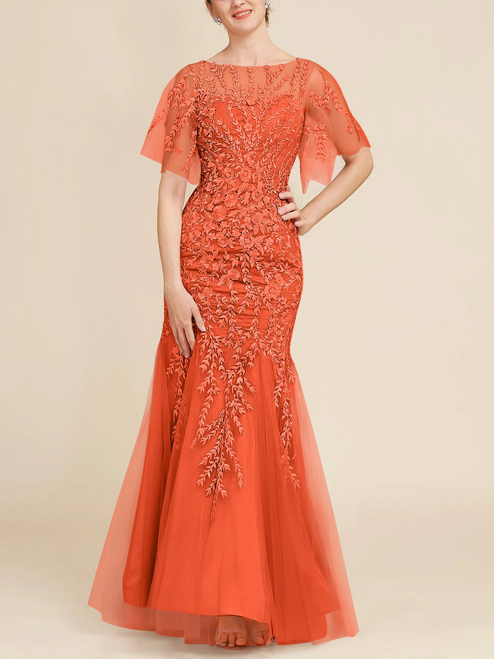 Trumpet Mermaid Scoop Half Sleeves Floor Length Mother Of The Bride Dresses With Lace