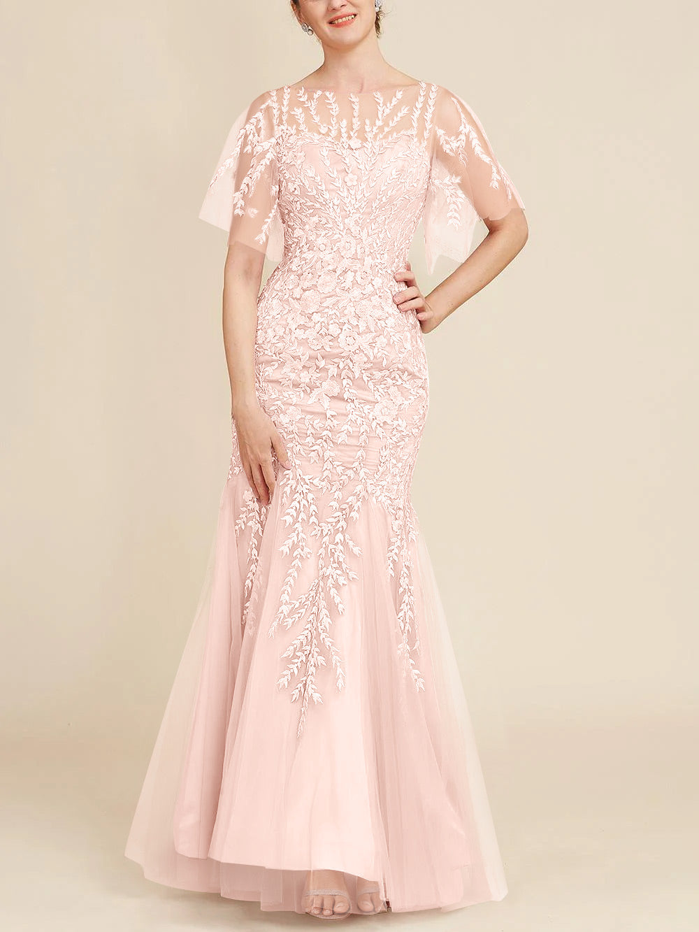 Trumpet Mermaid Scoop Half Sleeves Floor Length Mother Of The Bride Dresses With Lace