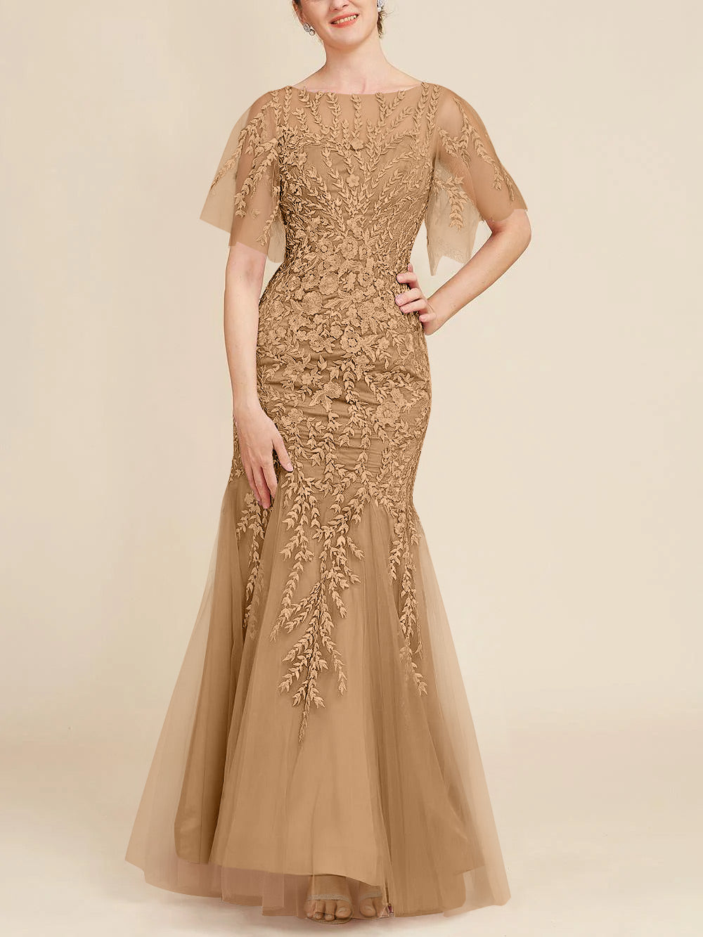 Trumpet Mermaid Scoop Half Sleeves Floor Length Mother Of The Bride Dresses With Lace