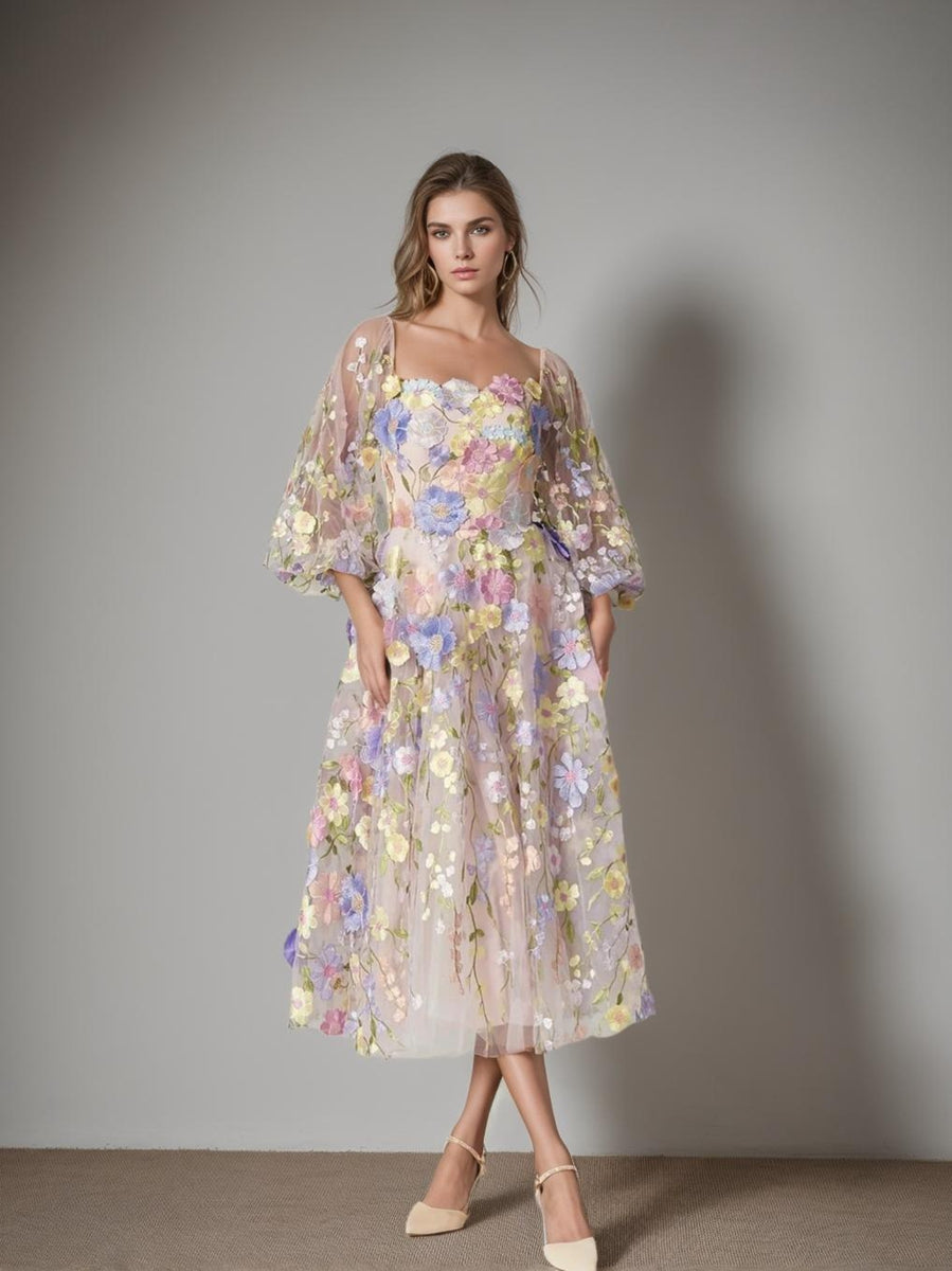 A Line Princess Long Sleeves Square Neck Tea Length Mother Of The Bride Dresses With Appliques