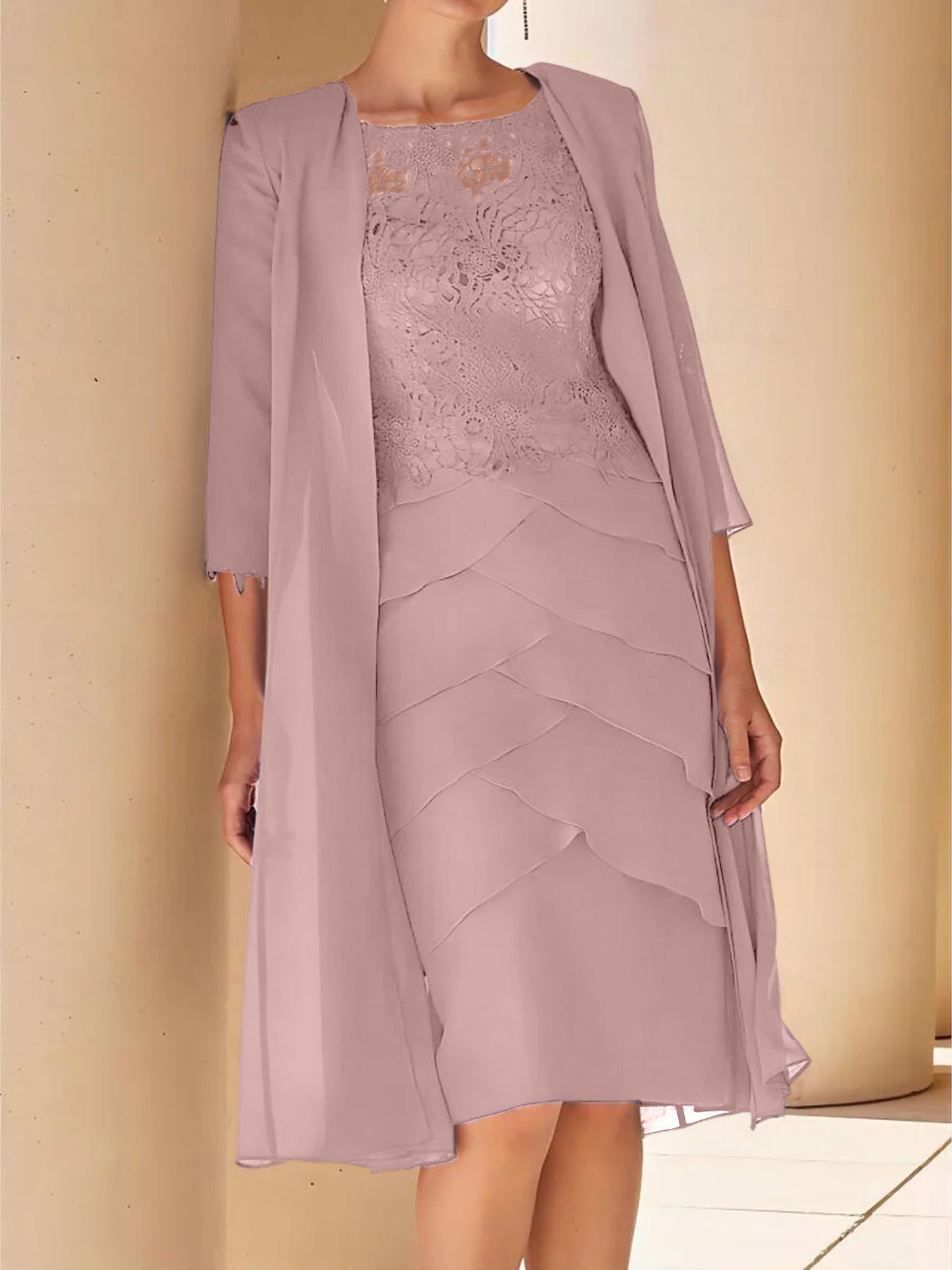Sheath Column Jewel Neck Short Sleeves Knee Length Mother Of The Bride Dresses With Lace
