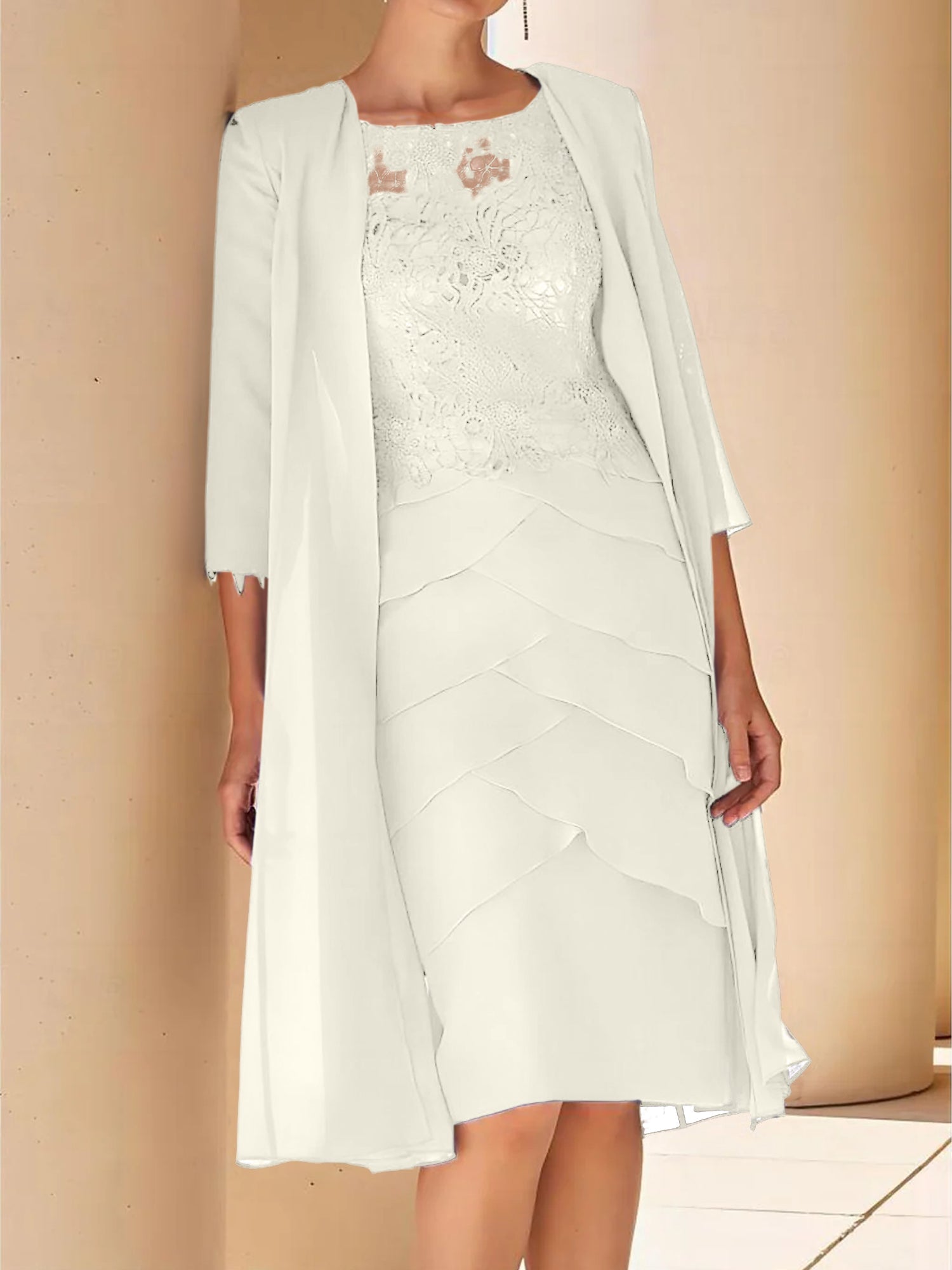 Sheath Column Jewel Neck Short Sleeves Knee Length Mother Of The Bride Dresses With Lace