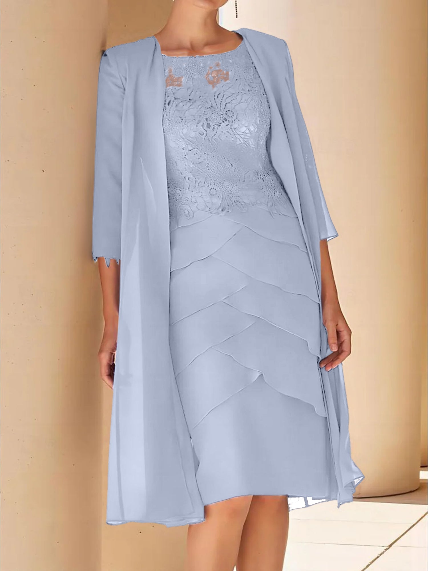 Sheath Column Jewel Neck Short Sleeves Knee Length Mother Of The Bride Dresses With Lace