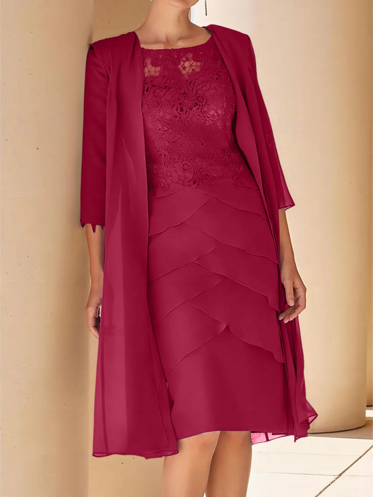 Sheath Column Jewel Neck Short Sleeves Knee Length Mother Of The Bride Dresses With Lace